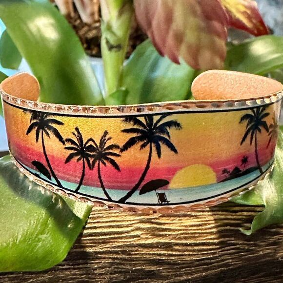 Handmade Boho Tropical Cuff Bracelet, Florida Tropical Palm Wide Cuff Bracelet, - Picture 1 of 9